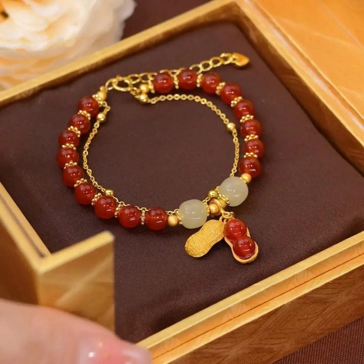 Pulsera con cuentas de la suerte, con Buddha Stones, hoja de jade, Ginkgo, tulipán, cacahuete, Fu - Red Bead & Peanut - image 19