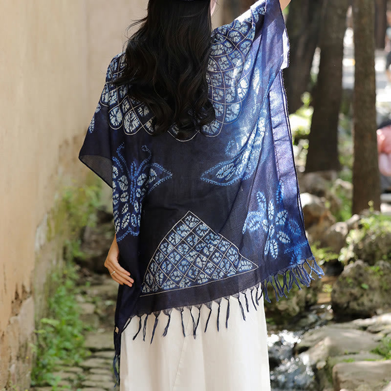 Jersey de viaje acogedor con borlas y chal Batik de mariposa azul con Buddha Stones 90*95cm