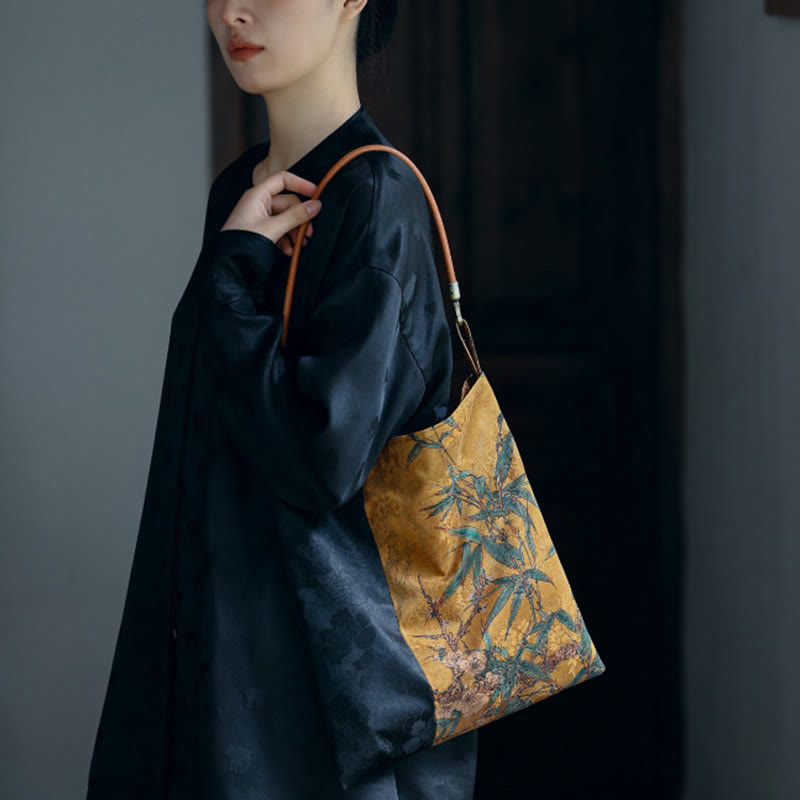Bolso de hombro con Buddha Stones, hojas de bambú, flor, mariposa, caqui