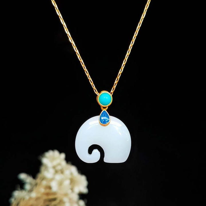 Buddha Stones Jade blanco Elefante Suerte Collar Colgante