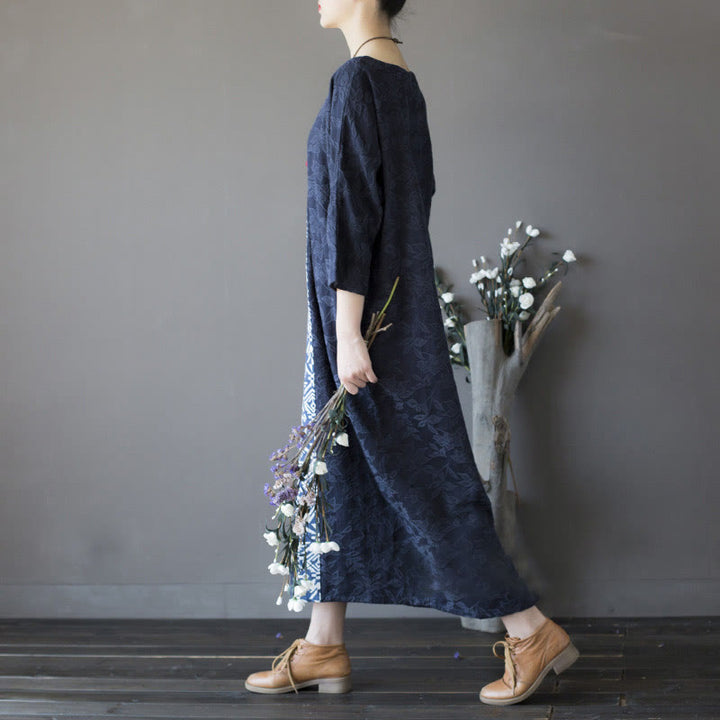 Vestido midi de jacquard con bordado de flores azules y Buddha Stones Vestido de algodón con manga tres cuartos y bolsillos
