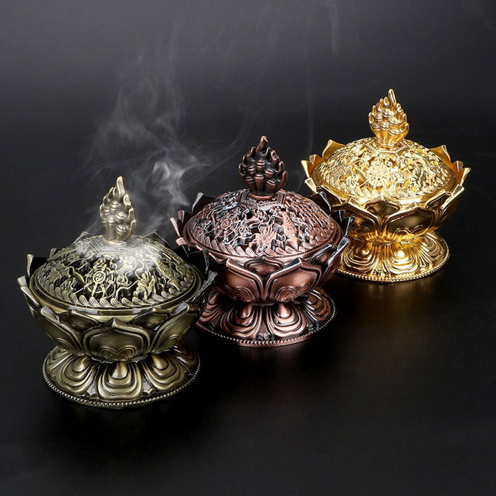 Quemador de incienso purificador en forma de loto tibetano con Buddha Stones
