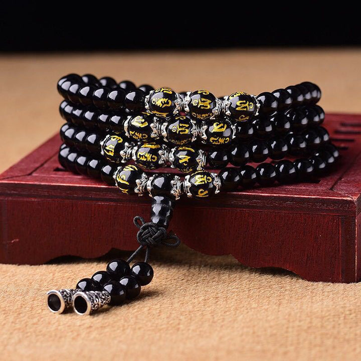 Pulsera Mala de protección con seis palabras verdaderas de obsidiana negra con Buddha Stones