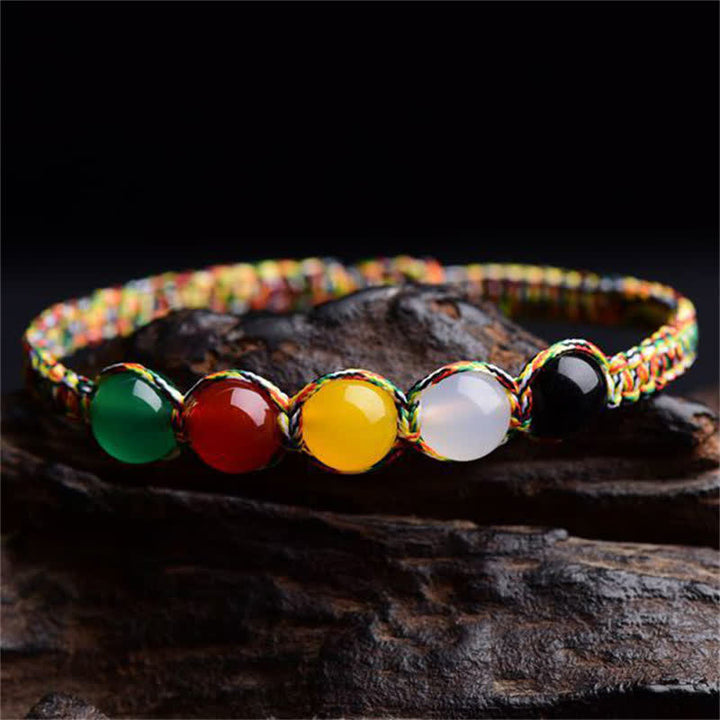 Pulsera de hilo de cinco elementos de ágata colorida, metal, madera, agua, fuego, tierra