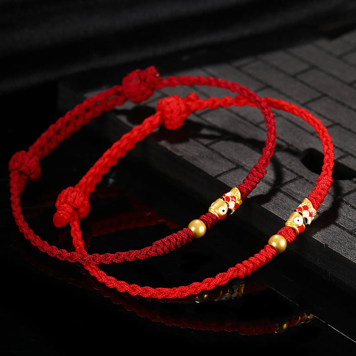 Pulsera de hilo trenzado hecha a mano con pez Koi de la suerte de oro 999 de Buddha Stones