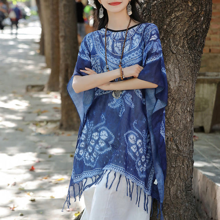 Jersey de viaje acogedor con borlas y chal teñido añil de mariposa azul con Buddha Stones 90*95cm