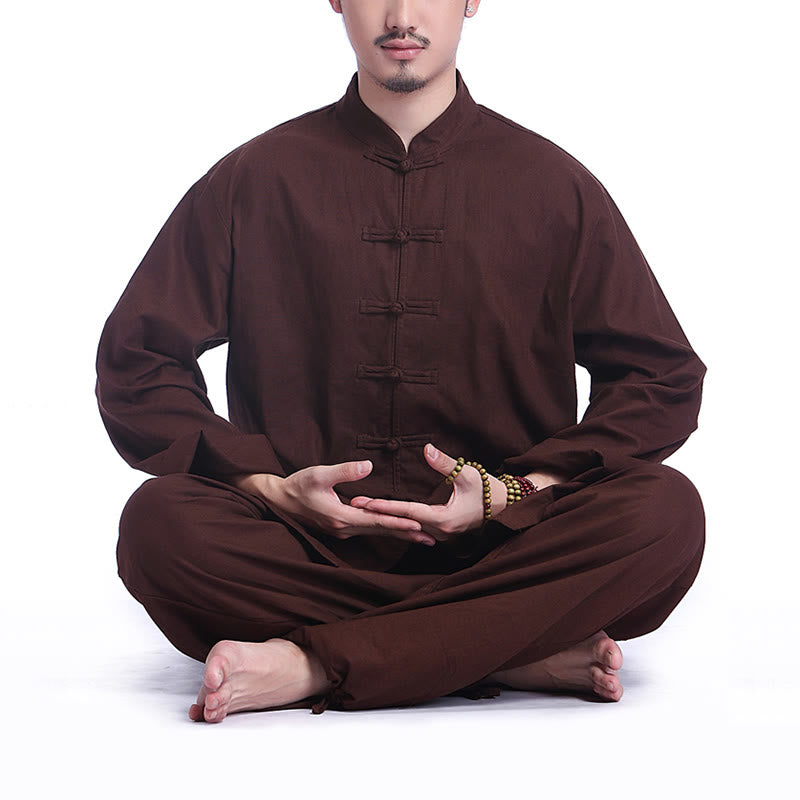 Conjunto de ropa de yoga para hombre con diseño de botón de rana china y Buddha Stones, de lino y algodón para meditación y oración - Marrón (Manga larga) - US/UK/AU44，EU54 (3XL) - image 13