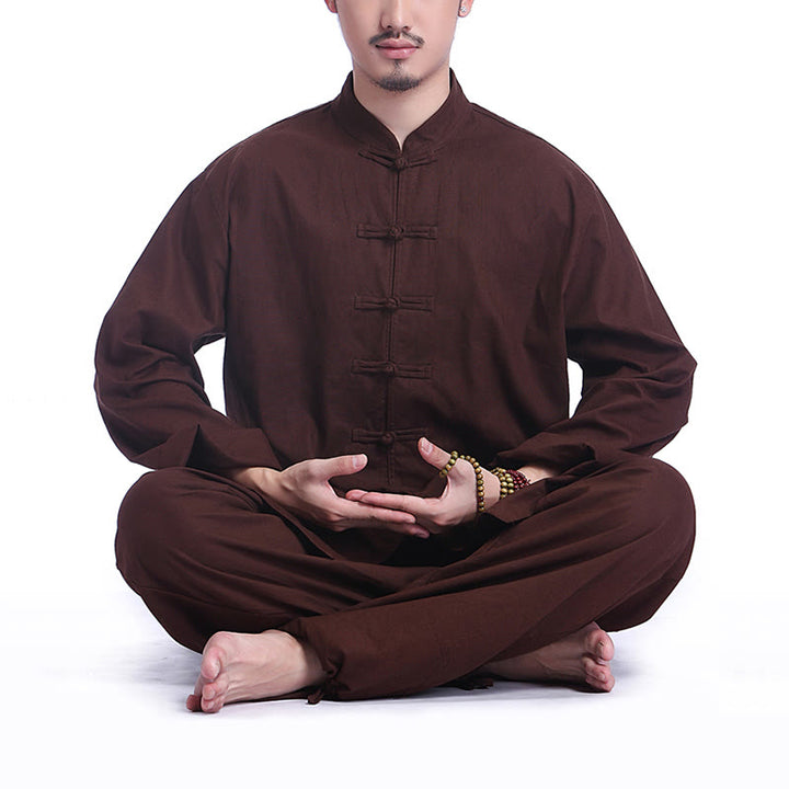 Conjunto de ropa de yoga para hombre con diseño de botón de rana china y Buddha Stones, de lino y algodón para meditación y oración - Marrón (Manga larga) - US/UK/AU44，EU54 (3XL) - image 13