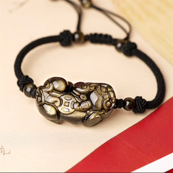 Pulsera de riqueza de monedas de obsidiana natural, amatista, citrino, PiXiu Cooper, Buddha Stones