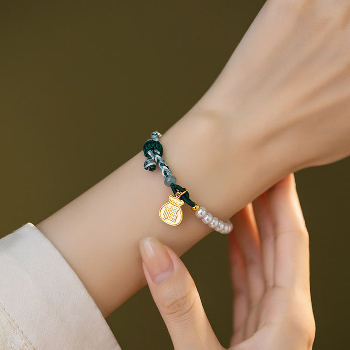 Pulsera de cuerda de sabiduría de jade hetiano con perlas de la suerte y carácter Fu de plata de ley 925 con Buddha Stones