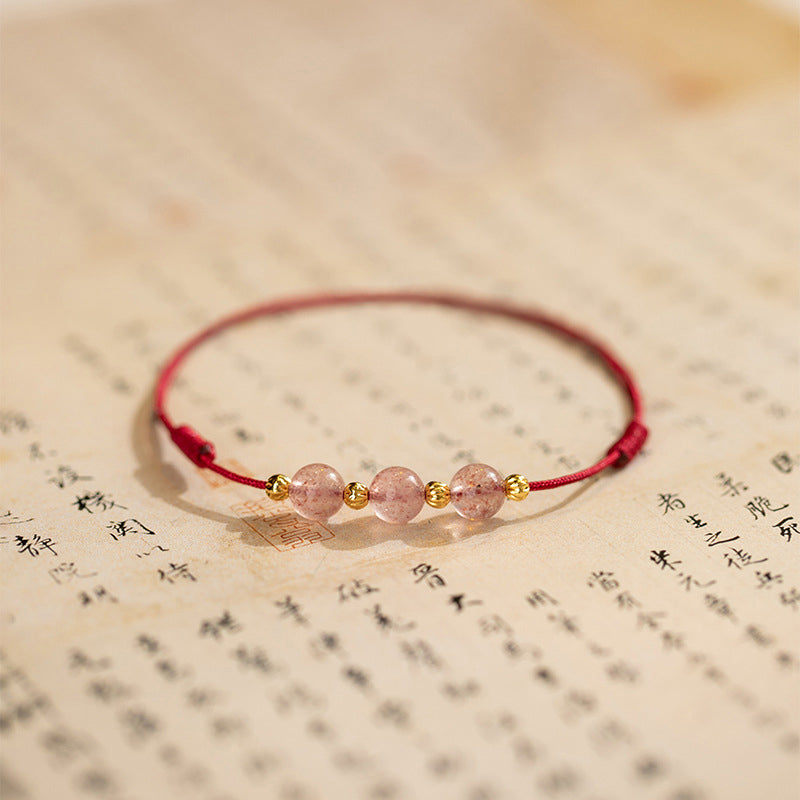Tobillera con hilo rojo de la suerte con cuentas de cristal de fresa y piedras de Buddha Stones