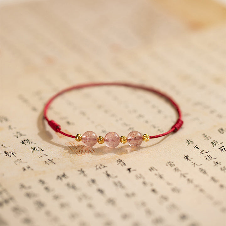 Tobillera con hilo rojo de la suerte con cuentas de cristal de fresa y piedras de Buddha Stones