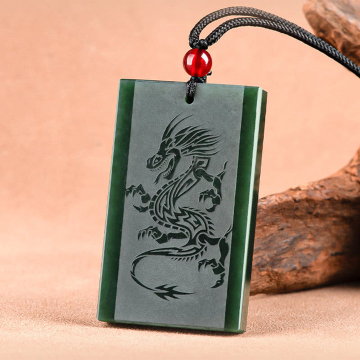 Colgante de collar de éxito grabado con dragón de jade cian hetiano de Buddha Stones - image 3