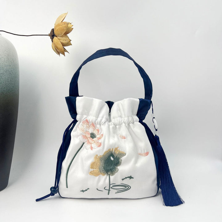 Buddha Stones Bordadas Loto Koi Pez Grulla Camelia Algodón Lino Tote Bandolera Bolso Bandolera Bolso