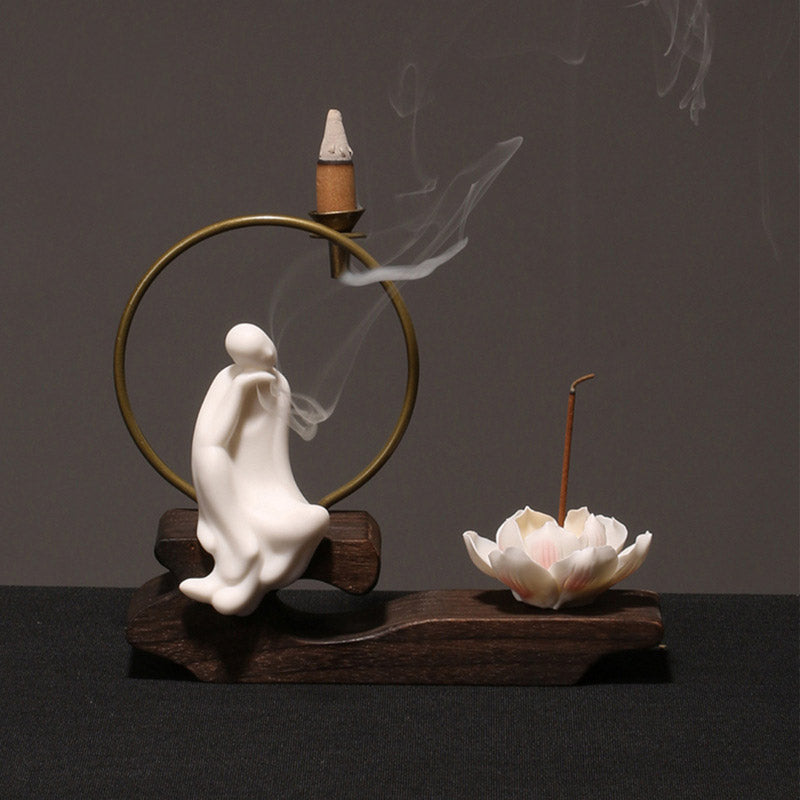 Quemador de incienso de meditación curativa de loto de cerámica con Buddha Stones , decoración