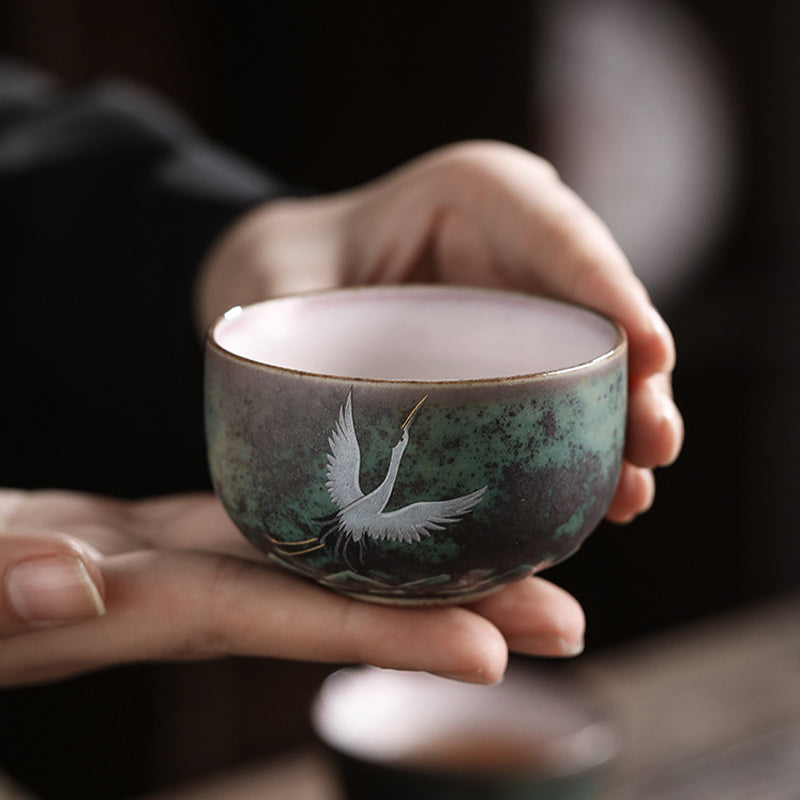 Taza de té de cerámica con grulla auspiciosa de Buddha Stones , tazón de taza de té de Kung Fu