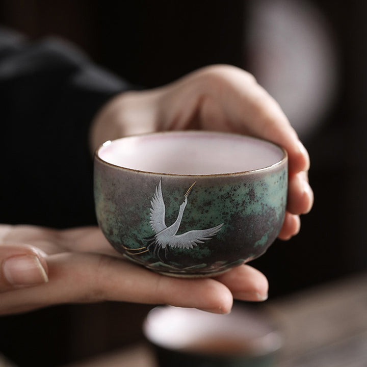 Taza de té de cerámica con grulla auspiciosa de Buddha Stones , tazón de taza de té de Kung Fu