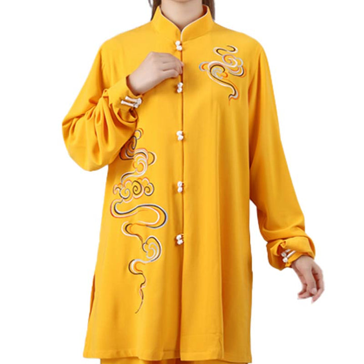 Conjunto de ropa unisex para práctica de meditación, tai chi, qigong, bordada, con nubes auspiciosas y Buddha Stones