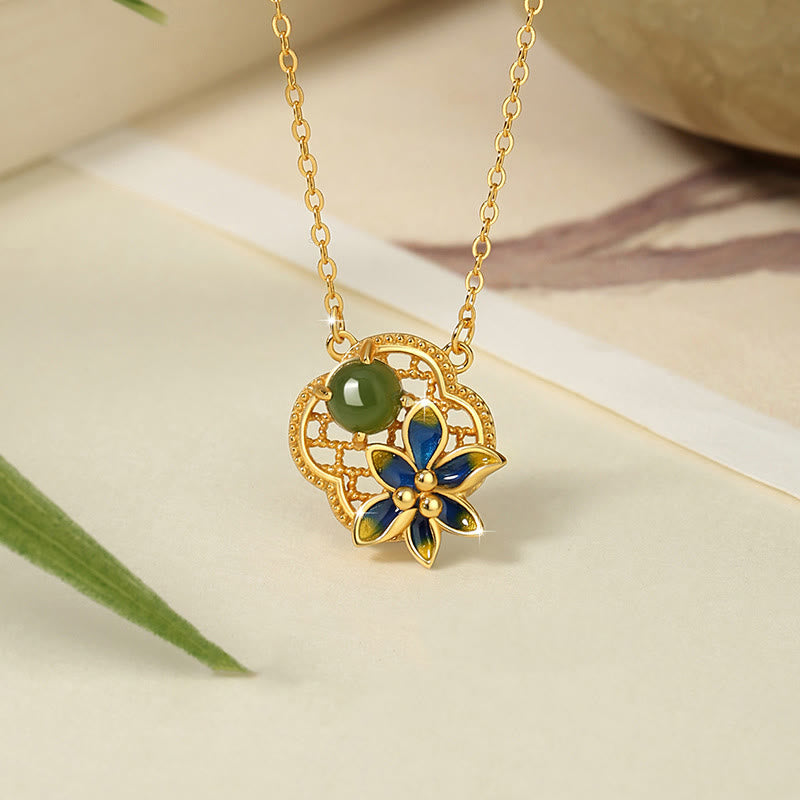 Juego de pendientes y pulsera con colgante de plata de ley 925 con Buddha Stones, flor de trébol de cuatro hojas, perla de Jade cian hetiano, curación