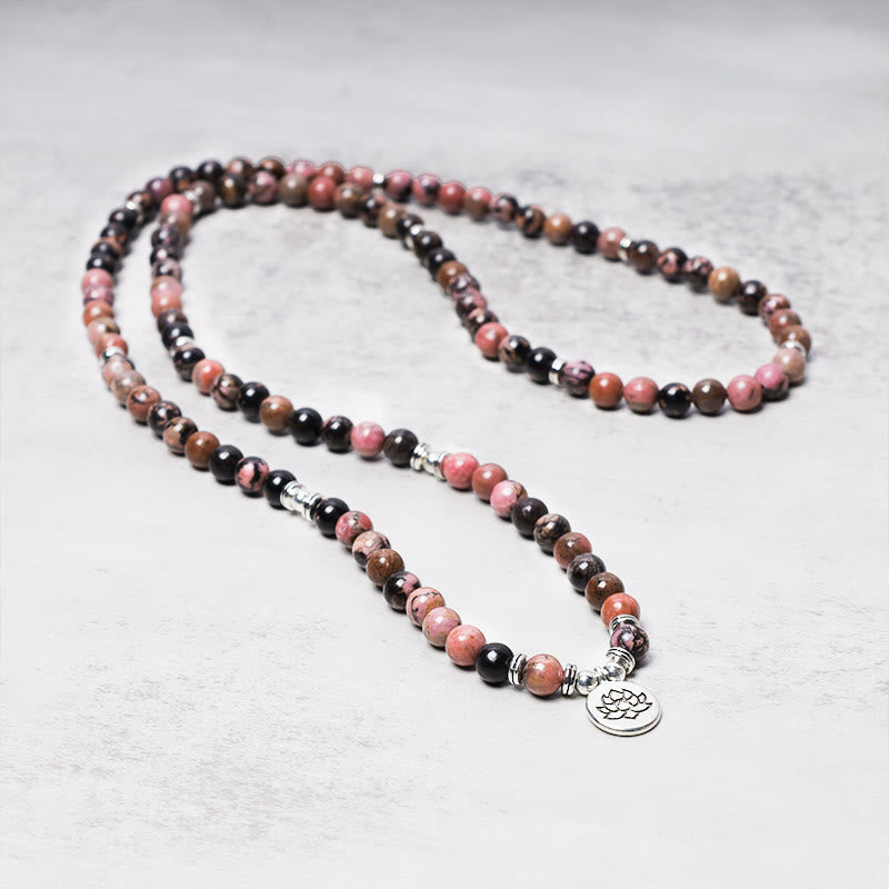 Pulsera de energía de compasión de loto de rodonita con 108 cuentas de Mala de Buddha Stones