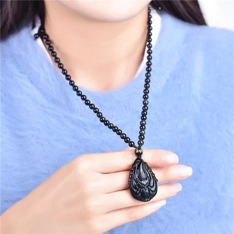 Buddha Stones, obsidiana arcoíris Natural, zorro de nueve colas, collar de paz interior, colgante de cuerda con cuentas
