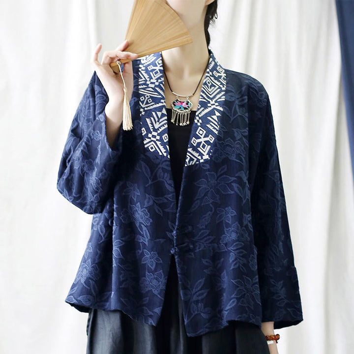 Chaqueta de manga larga con cuello en V y jacquard floral con Buddha Stones