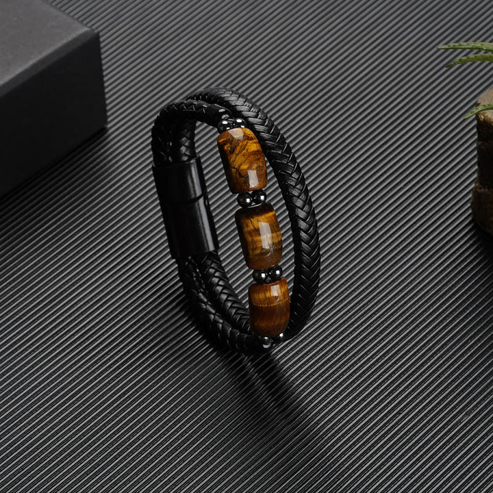 Pulsera de cuero con hebilla magnética y protección de ojo de tigre natural con Buddha Stones