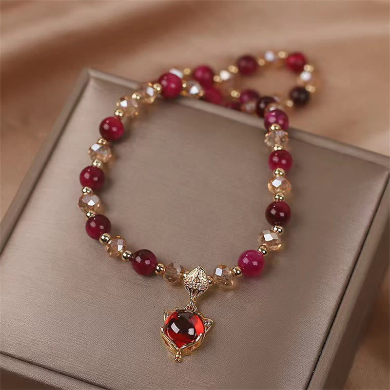Pulsera de doble vuelta con protección de zorro y ojo de tigre rojo con Buddha Stones