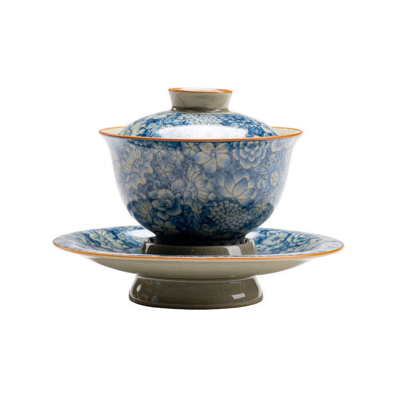 Buddha Stones azul y blanca vintage Flor de durazno Loto Peonía Cerámica Gaiwan Sancai Taza de té Kung Fu Taza de té y platillo con tapa - image 9