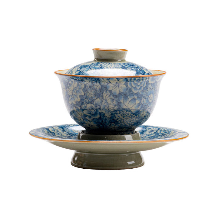 Buddha Stones azul y blanca vintage Flor de durazno Loto Peonía Cerámica Gaiwan Sancai Taza de té Kung Fu Taza de té y platillo con tapa - image 9