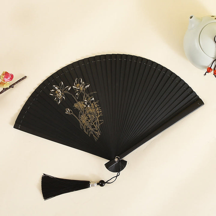 Abanico plegable de bambú de mano con Buddha Stones, flor de hibisco, flor de ciruelo