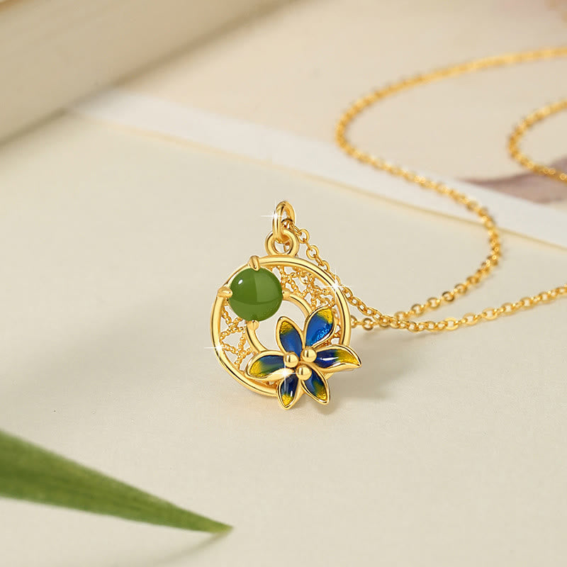 Juego de pendientes y anillo con colgante de flor de Jade cian hetiano Natural de plata de ley 925 con Buddha Stones