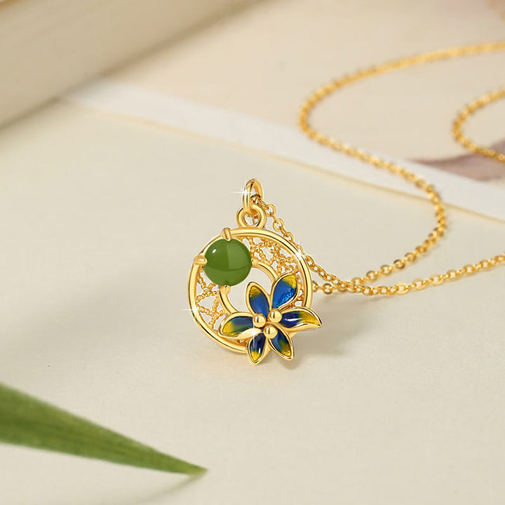 Juego de pendientes y anillo con colgante de flor de Jade cian hetiano Natural de plata de ley 925 con Buddha Stones