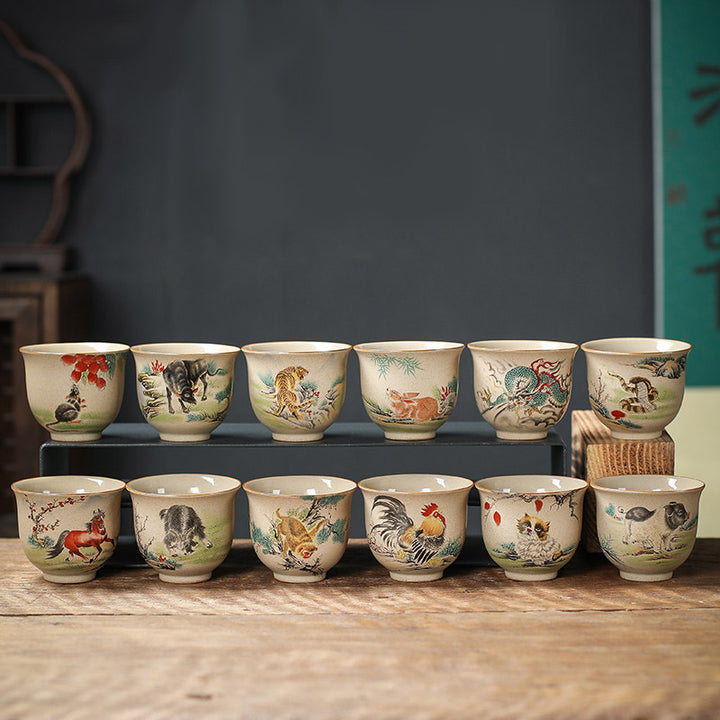 Taza de té de cerámica del zodíaco chino, 12 Buddha Stones, taza de té de Kung Fu, 130ml