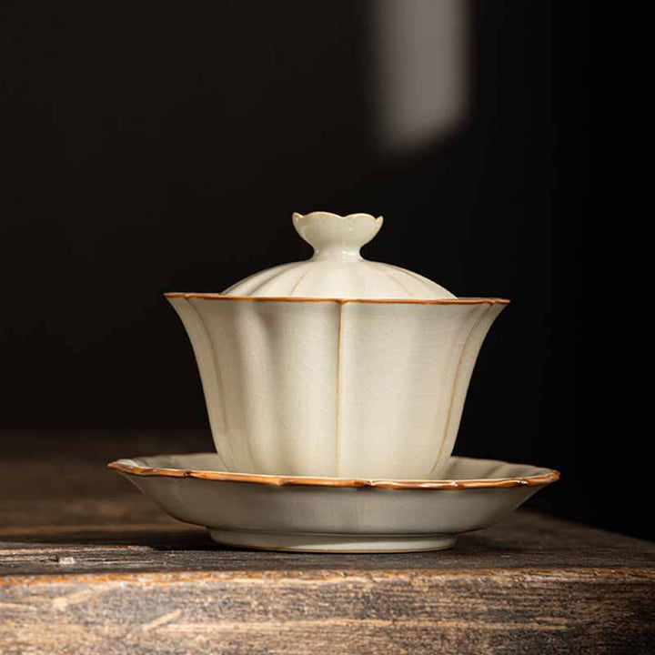 Buddha Stones, forma de flor de ciruelo Beige, rama de melocotón, taza de té de cerámica Gaiwan Sancai, taza de té de Kung Fu con tapa