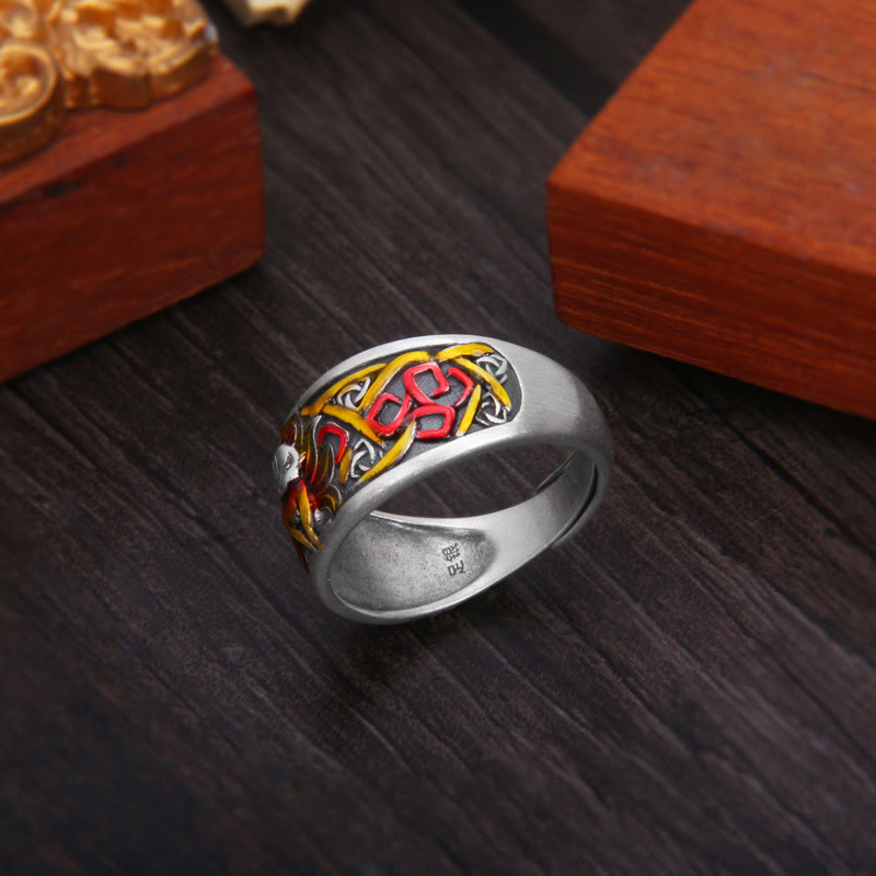 Anillo de protección de éxito de zorro de nueve colas de plata de ley 999 con Buddha Stones