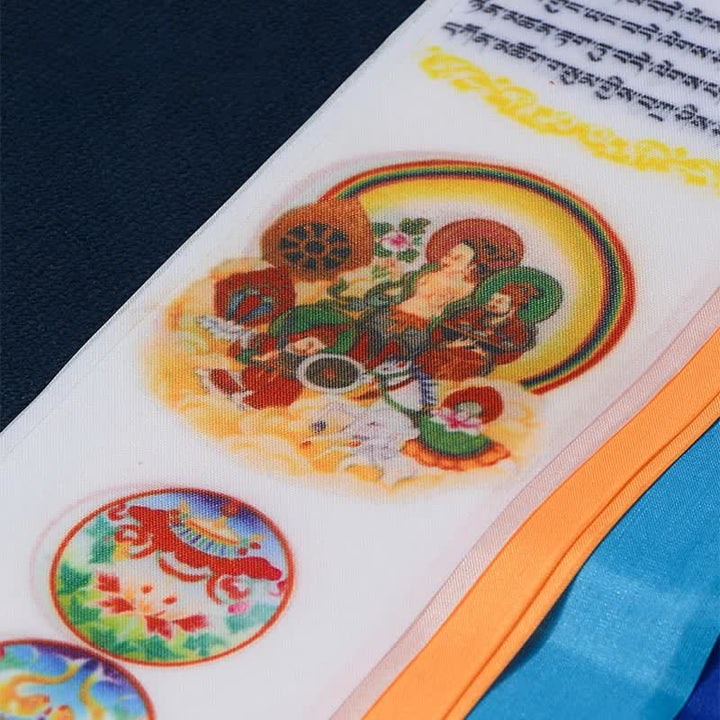 Bandera de oración con la flecha de la suerte y los ocho símbolos auspiciosos tibetanos para decoración del hogar. - image 4