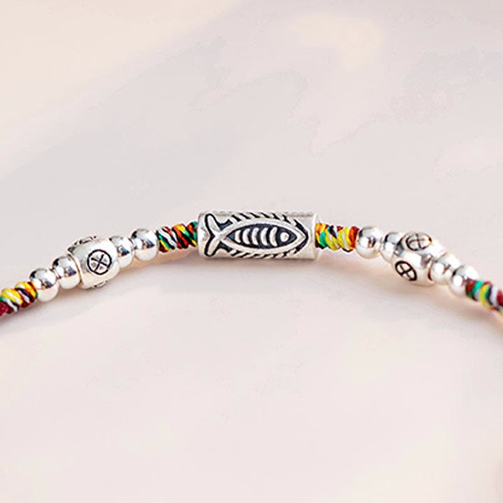 Pulsera tobillera de hilo colorido trenzado con pez Koi de la suerte de plata de ley 925 con Buddha Stones