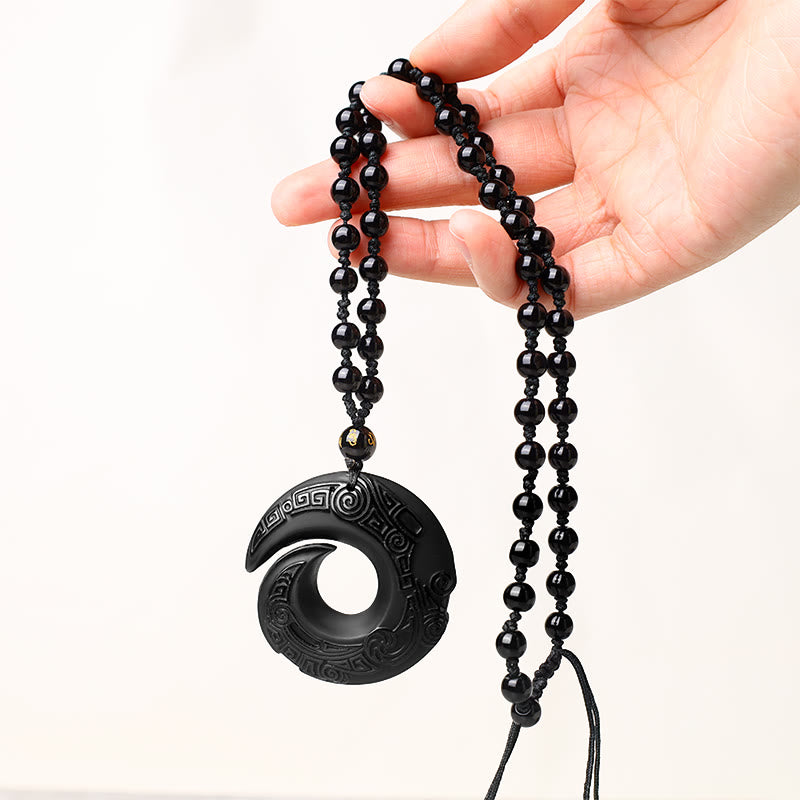 Colgante de collar de fuerza de obsidiana de hielo de obsidiana negra natural con Buddha Stones