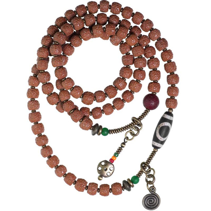 108 cuentas de Mala Rudraksha, semilla Bodhi, cuentas Dzi, pulsera de borlas de suerte auspiciosa
