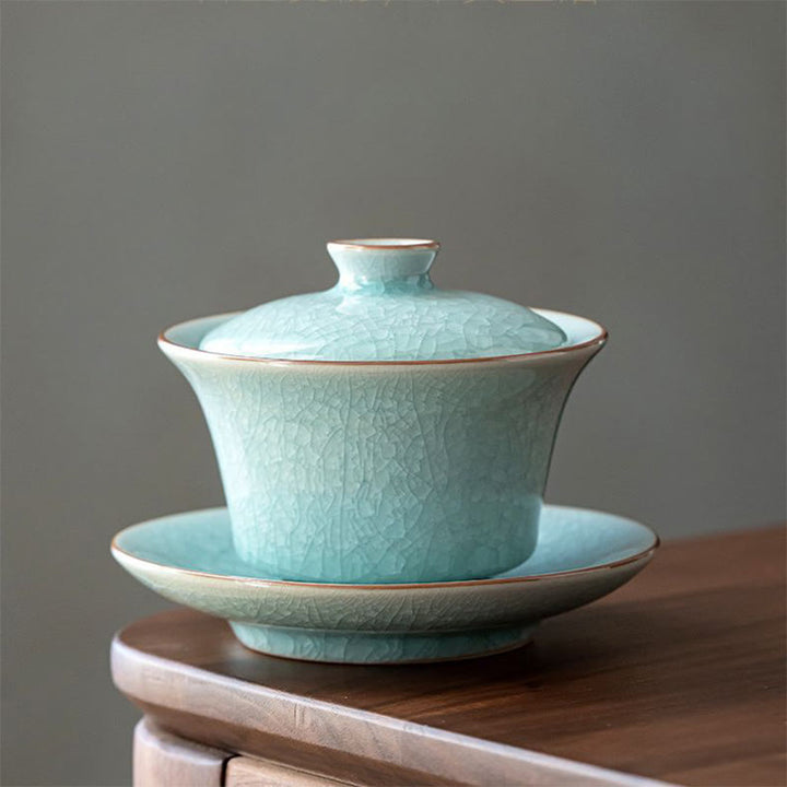 Taza de té y platillo de cerámica con esmalte de hielo, Retro verde, Buddha Stones , Gaiwan Sancai, Kung Fu