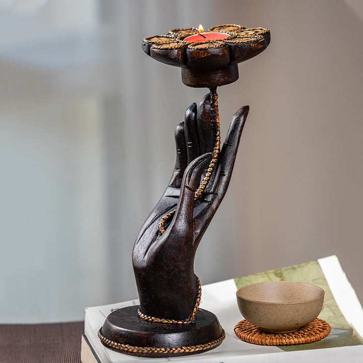 Candelabro de madera con diseño de mano de Buddha Stones , decoración para el hogar