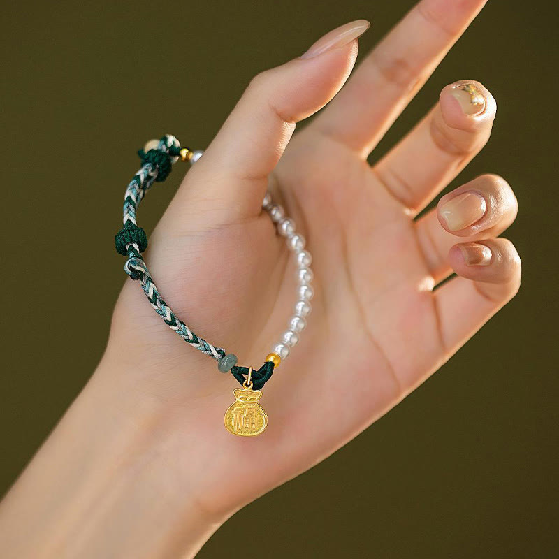 Pulsera de cuerda de sabiduría de jade hetiano con perlas de la suerte y carácter Fu de plata de ley 925 con Buddha Stones
