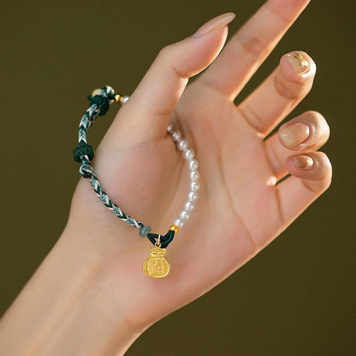 Pulsera de cuerda de sabiduría de jade hetiano con perlas de la suerte y carácter Fu de plata de ley 925 con Buddha Stones