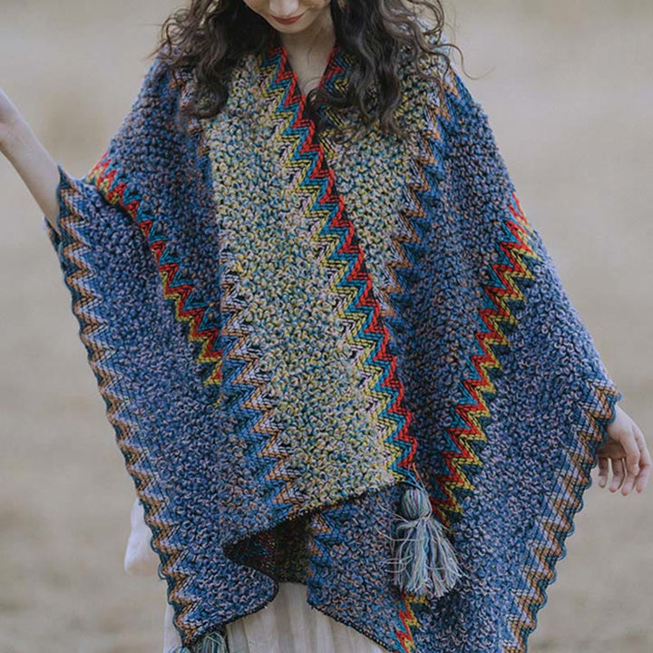 Mantón tibetano de Buddha Stones, capa de punto suave y cálida, bufanda tibetana con borlas de invierno