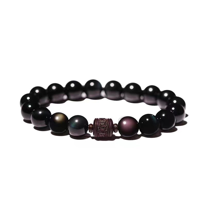 Pulsera curativa con carácter de obsidiana arcoíris de obsidiana con brillo de oro natural con Buddha Stones Om Mani Padme Hum Fu