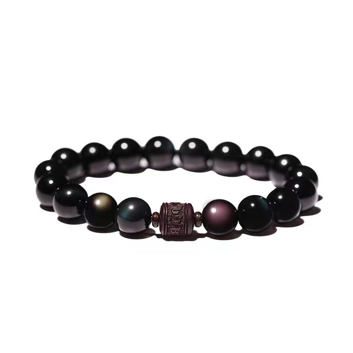 Pulsera curativa con carácter de obsidiana arcoíris de obsidiana con brillo de oro natural con Buddha Stones Om Mani Padme Hum Fu
