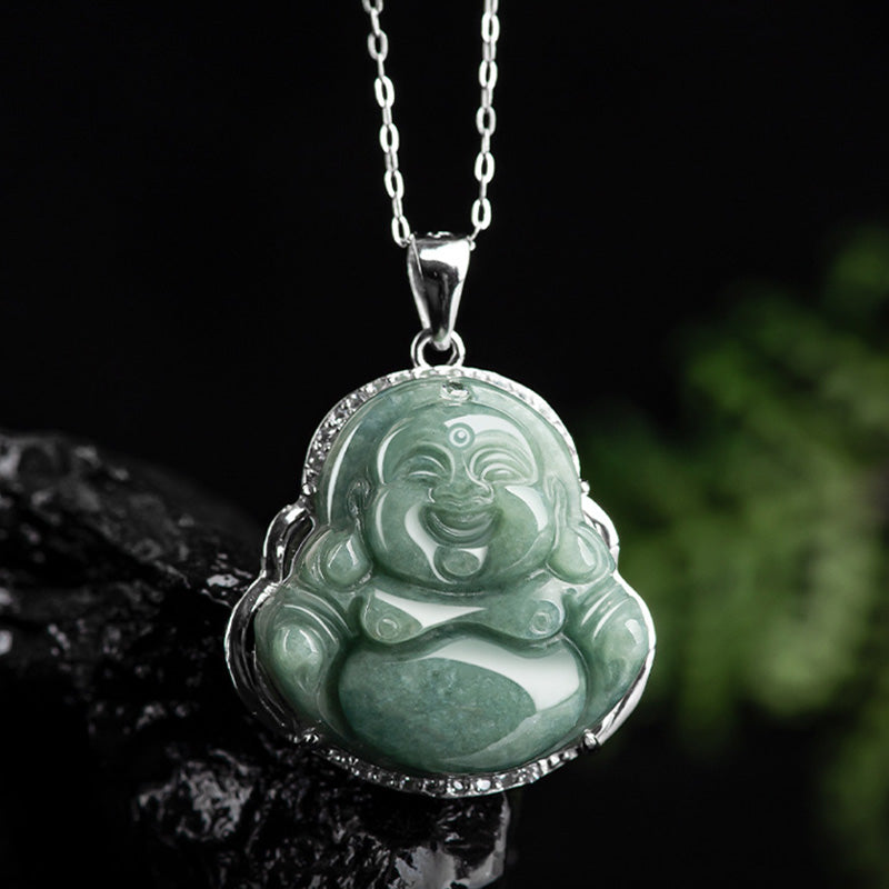 Collar con colgante de cadena de jade de Buda sonriente de plata de ley 925 con Buddha Stones - image 8