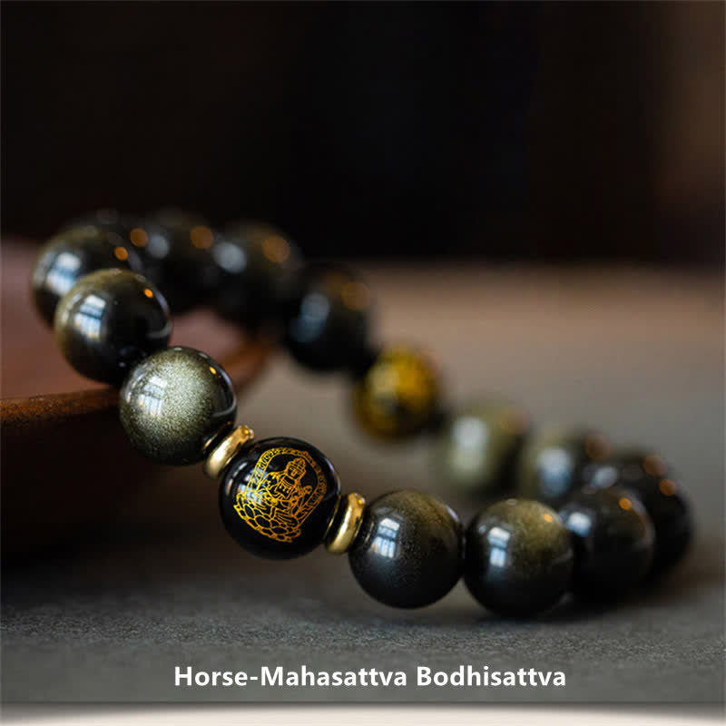Pulsera de protección de la riqueza de obsidiana con brillo dorado del Buda Natal del zodíaco chino