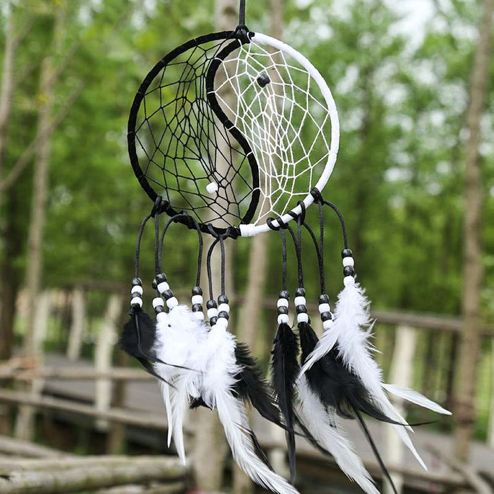 Atrapasueños Yin Yang, red circular con plumas, decoración de equilibrio